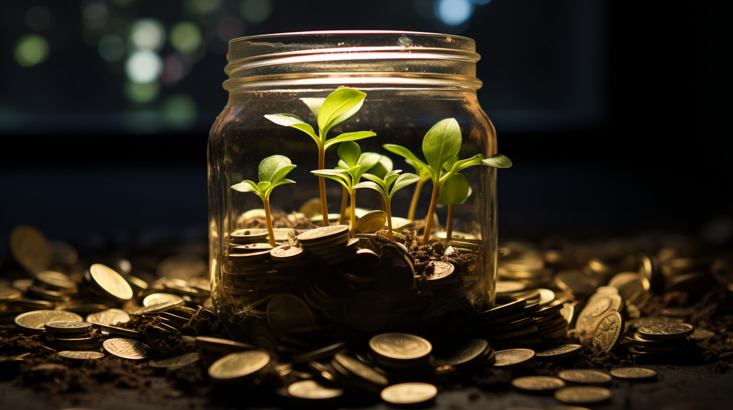 Young saplings growing inside a glass jar filled with coins, symbolizing investment and growth.