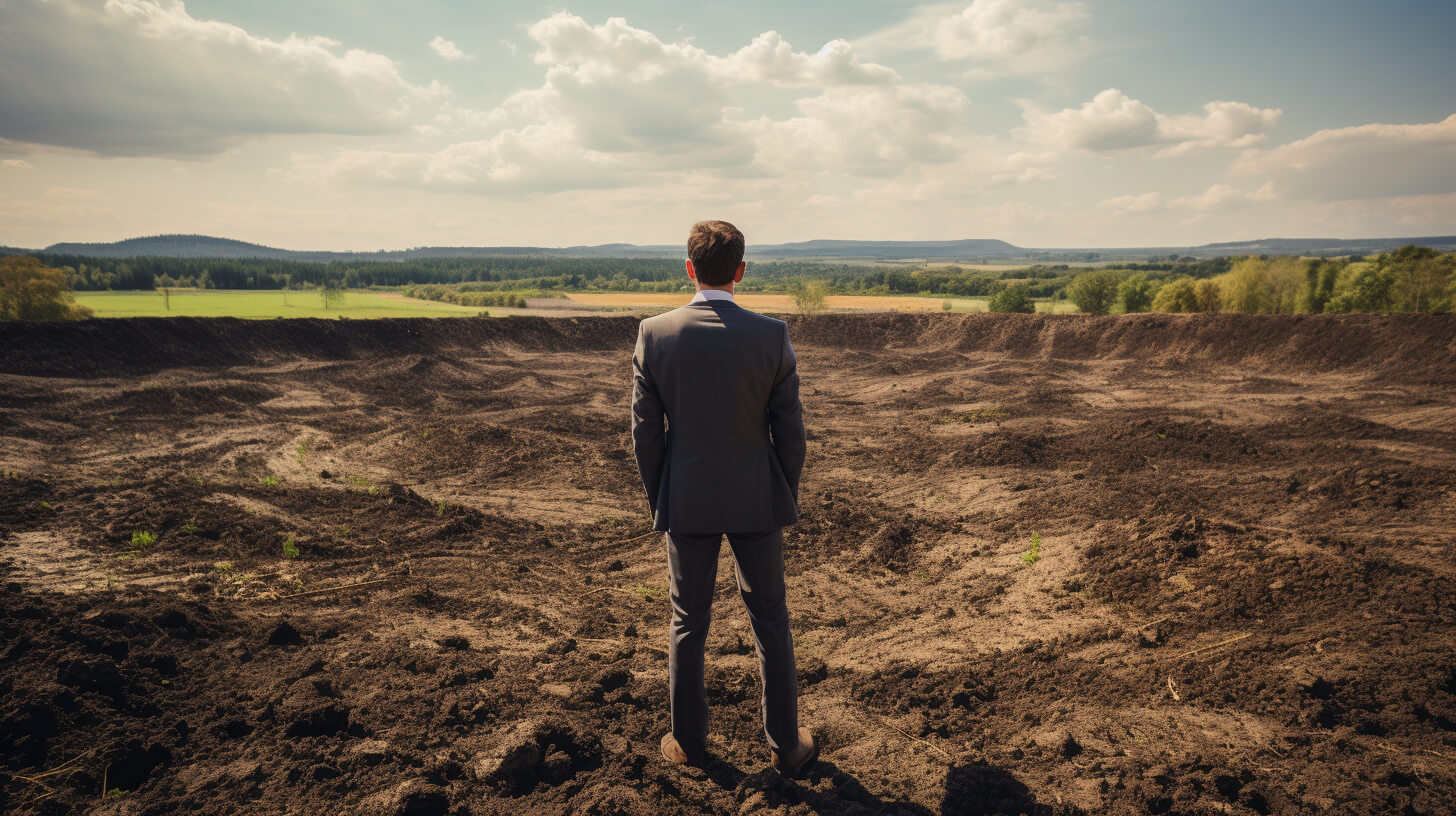 Man in a business suit overlooking a large empty dirt field ready for development.