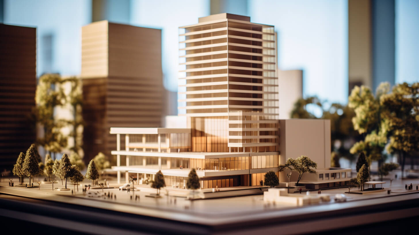 Architectural model display of a modern building complex with detailed miniature trees and people.